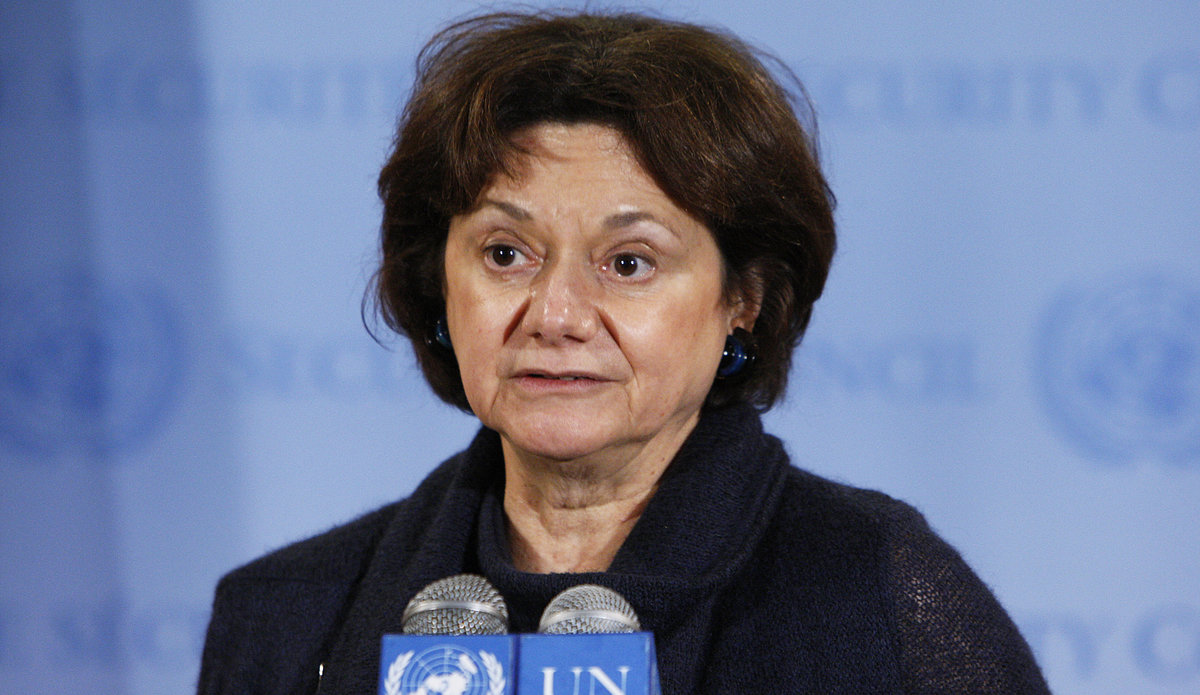 Rosemary A. DiCarlo, U.S. Deputy Permanent Representative to the United Nations, gives a statement to the press following a Security Council meeting on Afghanistan.